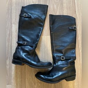 Frye Classic black leather riding boots with double buckle detail